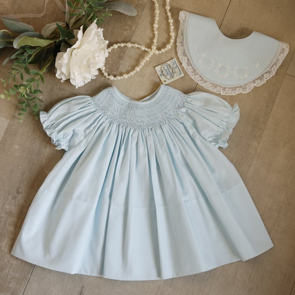 RARE FIND Vintage Feltman Brothers Blue Smocked Dress & Laurel Leaf Bib NWT